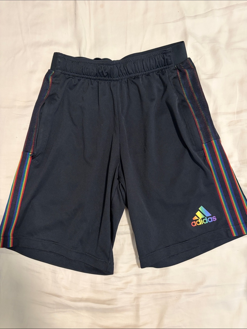 adidas Black Athletic Shorts with Rainbow Stripe Accents